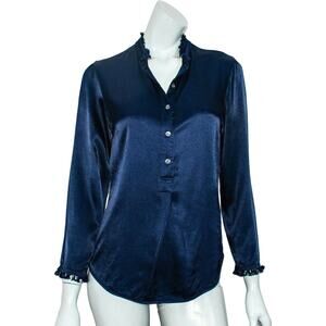 Raquel Allegra size 3 Fringe Trim Blouse Navy blue Rayon